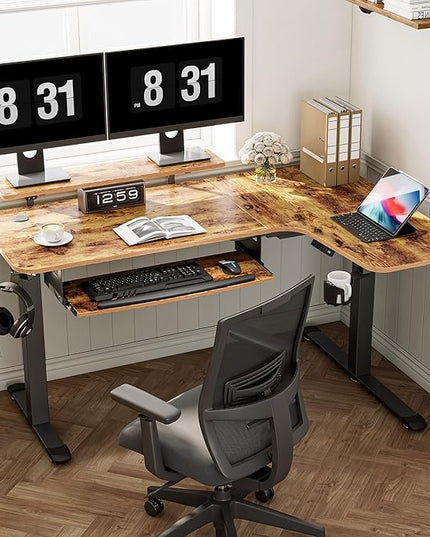 EUREKA ERGONOMIC Standing Desk with Keyboard Tray, Computer Desk, 61" L Shaped Electric Adjustable Height Desk w Monitor Stand LED, Corner Sit Stand Desk Gaming Desk, Dual Motor,Right/Rustic Brown - LeafyLoom