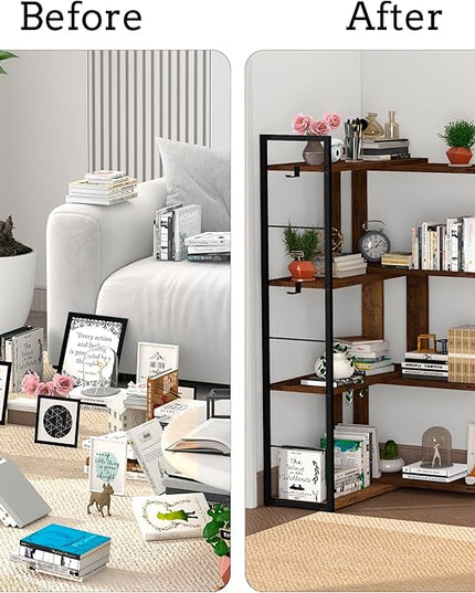 Corner Book Shelf 4 Tier Industrial BookShelf L Shaped Adjustable Bookcase Office Shelves Vintage Wooden Bookshelves for Living Room Bedroom library Rustic Brown - LeafyLoom