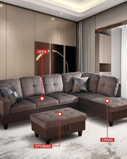 ROOMTEC 3 Piece L Shaped Sectional Sofa Set with Storage Ottoman, Right Facing Chaise Longue, Reversible Backrest w/ 2 Cup Holders, Flannel Tufted Cushions, for Living Room, Dark Brown - LeafyLoom