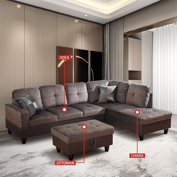 ROOMTEC 3 Piece L Shaped Sectional Sofa Set with Storage Ottoman, Right Facing Chaise Longue, Reversible Backrest w/ 2 Cup Holders, Flannel Tufted Cushions, for Living Room, Dark Brown - LeafyLoom