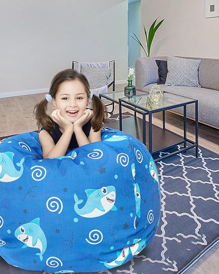Stuffed Animal Storage Bean Bag Chair Cover, Hold Kids Plush Toys Blankets Towels Beanbag (Cover Only), Canvas Floor Circle Stuff Sit Seat Sofa with YKK Zipper, Extra Large 38", Blue Shark - LeafyLoom