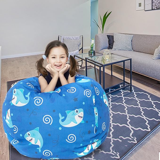 Stuffed Animal Storage Bean Bag Chair Cover, Hold Kids Plush Toys Blankets Towels Beanbag (Cover Only), Canvas Floor Circle Stuff Sit Seat Sofa with YKK Zipper, Extra Large 38", Blue Shark - LeafyLoom