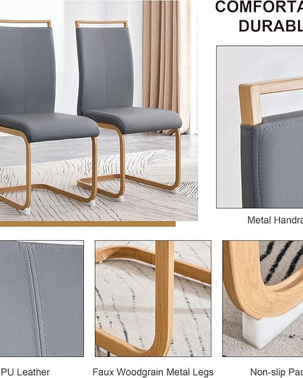 Dining Chairs Set of 4,High Back Grey Kitchen Chairs,Faux Leather Side Chair with Woodgrain Coloured Metal Legs,Easy to Clean Modern Upholstered Dining Chairs,Ideal for Living Room - LeafyLoom