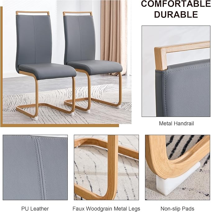 Dining Chairs Set of 4,High Back Grey Kitchen Chairs,Faux Leather Side Chair with Woodgrain Coloured Metal Legs,Easy to Clean Modern Upholstered Dining Chairs,Ideal for Living Room - LeafyLoom