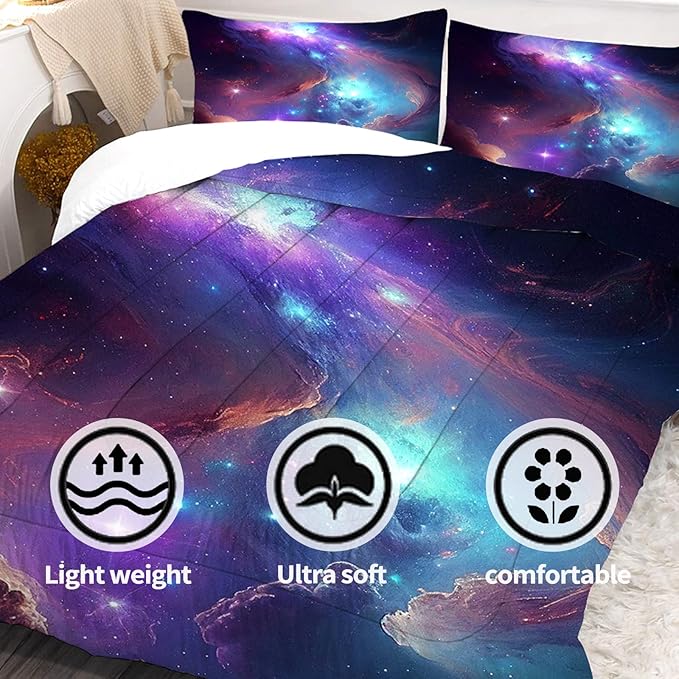 Purple Galaxy Bedding Set Full Size Outer Space Comforter Set for Girls Teens Kids Women Boys Starry Nebula Blue Glitter Quilt 1 Comforter + 2 Pillow Cases - LeafyLoom
