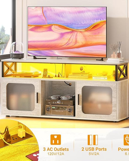 Aheaplus TV Stand for 55 60 Inch TV, Entertainment Center with LED Light & Charging Station, TV Console Table, Large Media Console Cabinet w/Soundbar Shelf, for Living Room, Bedroom, White Oak - LeafyLoom