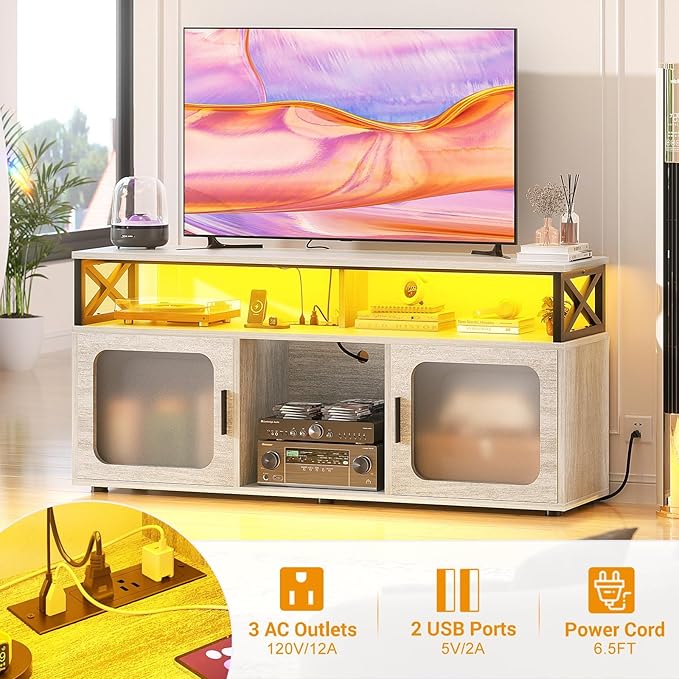 Aheaplus TV Stand for 55 60 Inch TV, Entertainment Center with LED Light & Charging Station, TV Console Table, Large Media Console Cabinet w/Soundbar Shelf, for Living Room, Bedroom, White Oak - LeafyLoom