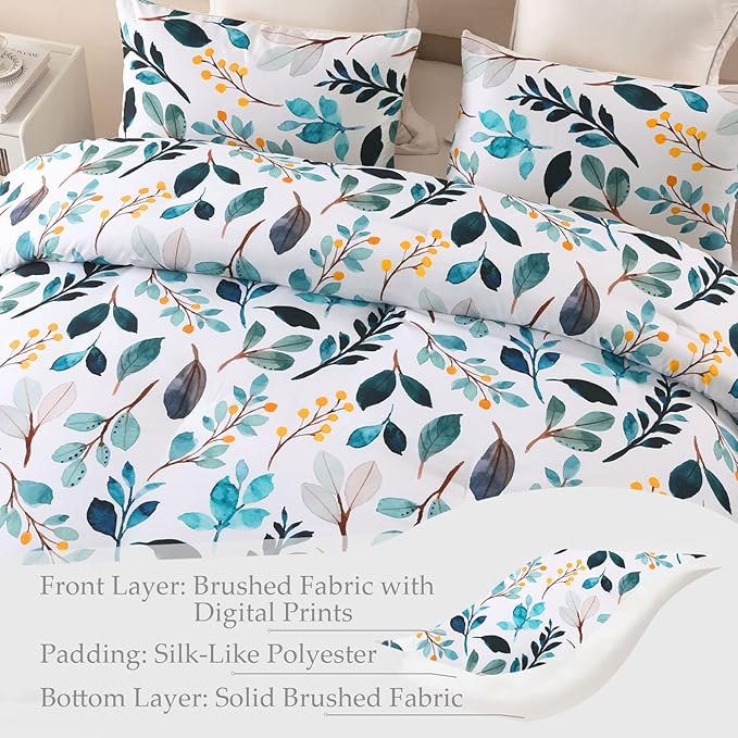 Whale Flotilla Queen Full Comforter Set, Soft Reversible Navy Leaf Bedding Comforter Set with Botanical Pattern, 1 Micoriber Printed Comforter and 2 Pillow Shams, 3 Pieces - LeafyLoom