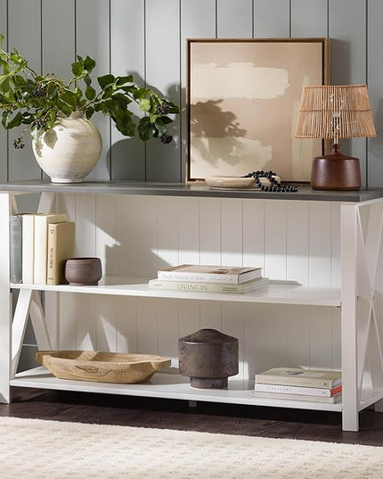 Walker Edison Solid Wood Farmhouse Storage Console, 52 Inch, White/Grey Wash - LeafyLoom