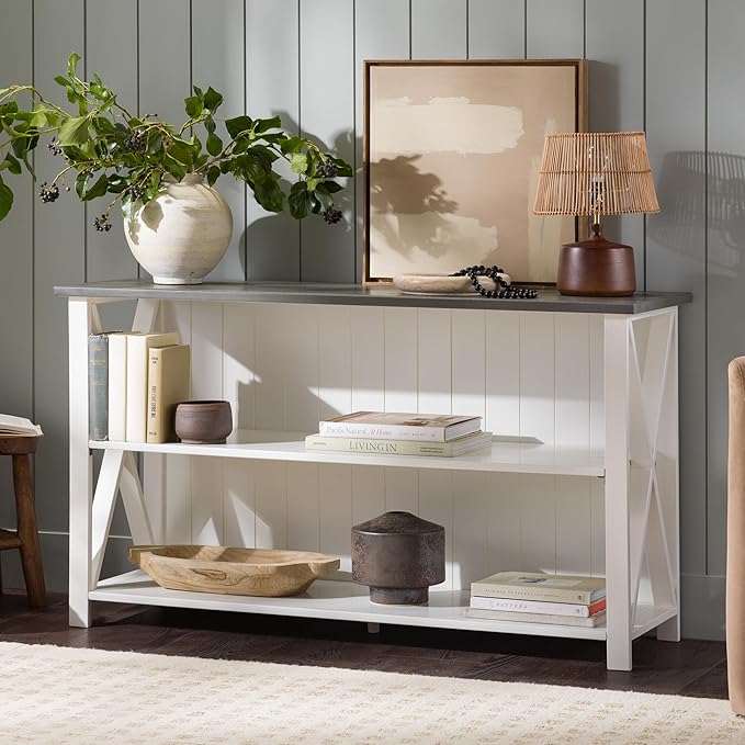 Walker Edison Solid Wood Farmhouse Storage Console, 52 Inch, White/Grey Wash - LeafyLoom