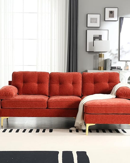 L Shaped Convertible Sleeper Sectional Sofa with Reversible Chaise, 3 Seater Corner Couch Bed with Detachable Pillow Armrest and Golden Metal Legs for Living Room Apartment Small Space - LeafyLoom