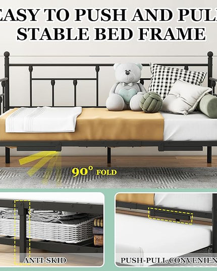 Twin Daybed with Trundle/Steel Slat Support/Space Saving Trundle Bed and Multi-Functional Furniture for Living Room and Guest Room, Black - LeafyLoom