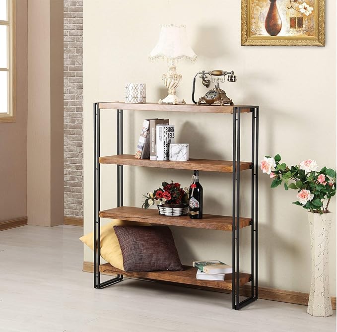 4 Tier Bookshelf Rustic Industrial Bookcase with Modern Open Wood Shelves, Brown - LeafyLoom