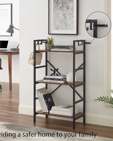 3 Tier Bookshelf, Bookcase Shelf Storage Organizer, Modern Book Shelf for Bedroom, Living Room and Home Office, Wood & Metal (Rustic Walnut) - LeafyLoom