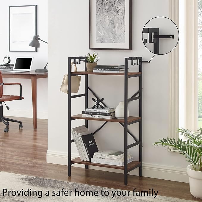 3 Tier Bookshelf, Bookcase Shelf Storage Organizer, Modern Book Shelf for Bedroom, Living Room and Home Office, Wood & Metal (Rustic Walnut) - LeafyLoom