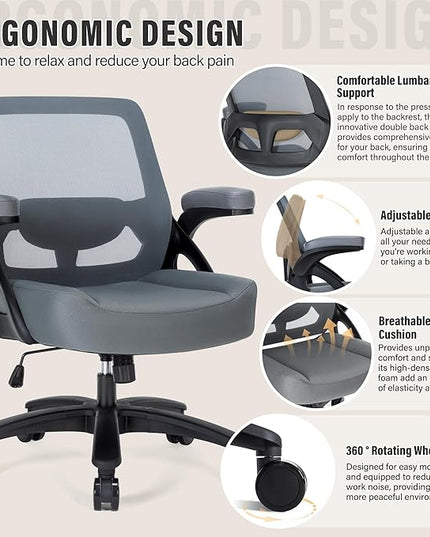 Big and Tall Office Chair 400lb- Mesh Ergonomic Heavy Duty Desk Chair- Flip Arms, Plus Size Wide Seat Executive Computer Chair for Large People- Home Office Swivel Rolling Task Chairs - LeafyLoom