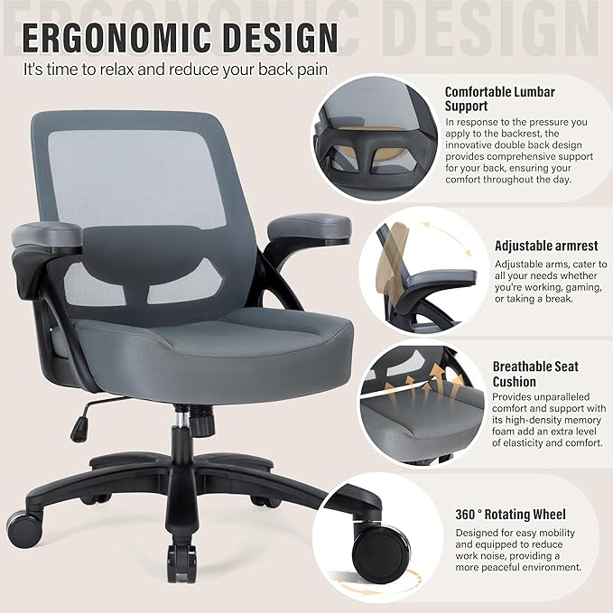 Big and Tall Office Chair 400lb- Mesh Ergonomic Heavy Duty Desk Chair- Flip Arms, Plus Size Wide Seat Executive Computer Chair for Large People- Home Office Swivel Rolling Task Chairs - LeafyLoom