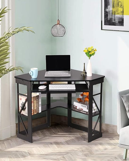 VECELO Corner Computer Desk Writing Smooth Keyboard Tray & Storage Shelves,Compact Home Office Triangle Table, Black - LeafyLoom