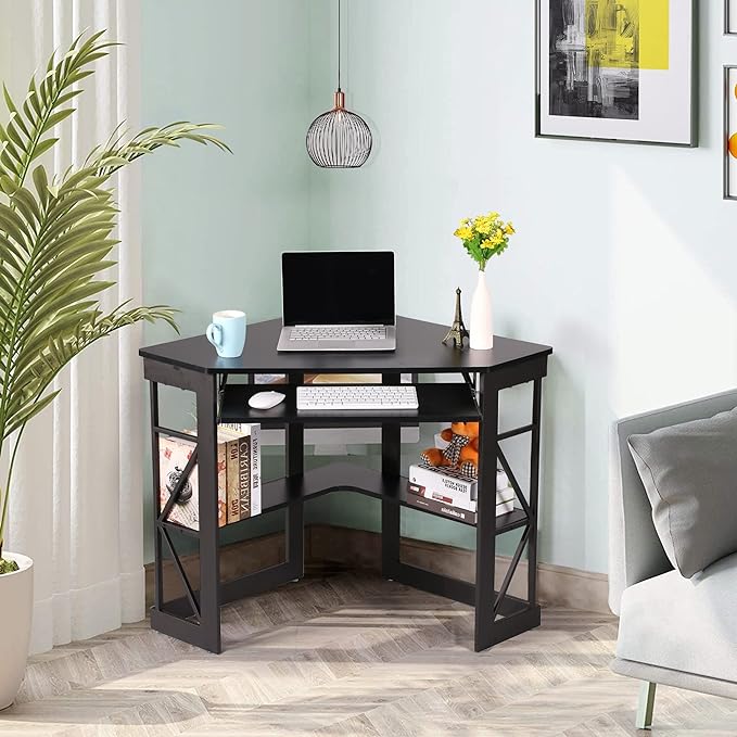 VECELO Corner Computer Desk Writing Smooth Keyboard Tray & Storage Shelves,Compact Home Office Triangle Table, Black - LeafyLoom