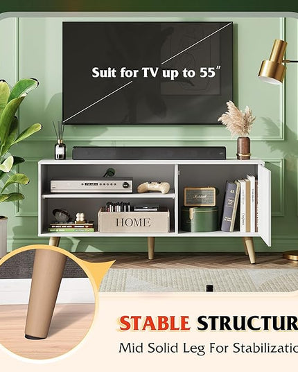 WLIVE Mid-Century Modern TV Stand for 55" TV, Entertainment Center with Storage, Open Shelves TV Console for Living Room and Bedroom, White - LeafyLoom