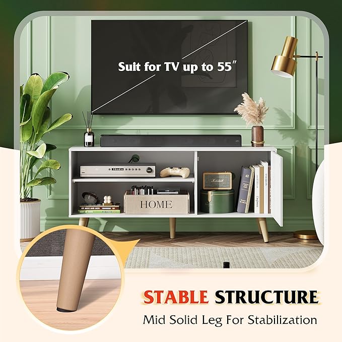 WLIVE Mid-Century Modern TV Stand for 55" TV, Entertainment Center with Storage, Open Shelves TV Console for Living Room and Bedroom, White - LeafyLoom