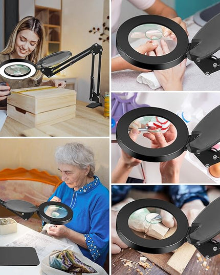 Magnifying Glass with Light and Stand, 5X&10X Lighted Magnifying Glass with Dust Cover, 3 Colors Stepless Dimming Magnifying Lamp with Night and 30Min Timer Mode for Reading Hobby Craft Close Work - LeafyLoom