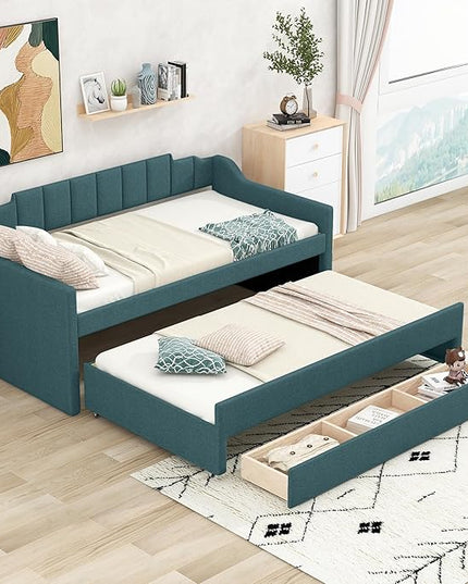 Merax Twin Size Upholstered Daybed with Trundle and Three Storage Drawers, Comfy Sofa-Bed & Padded Backrest for Living Room, Guest Room, Apartments, Both Side Armrests, Solid Wood Slats Support, Green - LeafyLoom