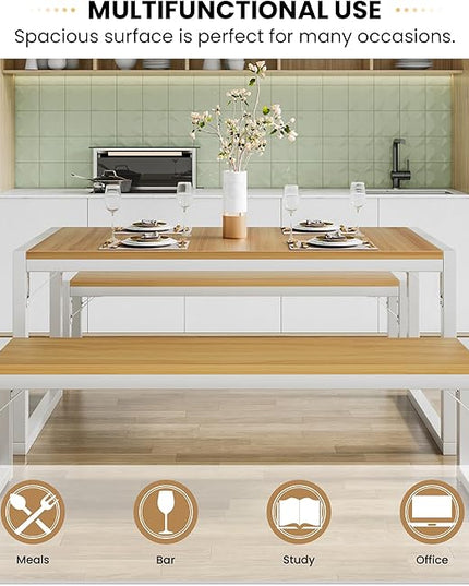 SHA CERLIN 3-Piece Dining Table Set with 2 Benches, Rustic Kitchen Table Set for 4-6, Space-Saving Dinette, Sturdy Structure, Easy Assemble, Maple/White - LeafyLoom
