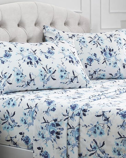 Mellanni Full Sheets Set - 4 PC Iconic Collection Bedding Sheets & Pillowcases - Hotel Luxury, Extra Soft, Cooling Bed Sheets - Deep Pocket up to 16 inch (Full, Madison Blue) - LeafyLoom