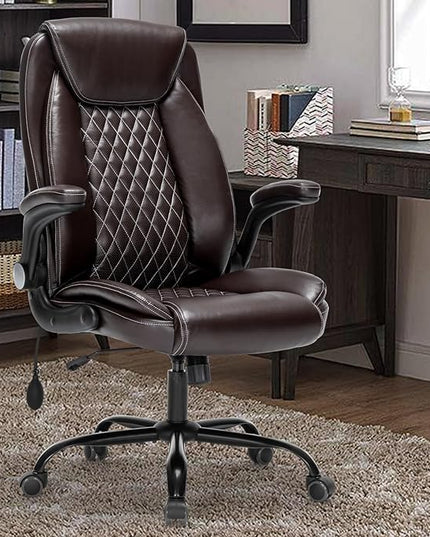 Office Chair Desk Chair High Back Computer Chair - Adjustable Lumbar Support with Flip-Up Arms PU Leather Chair with Spring Cushion - LeafyLoom