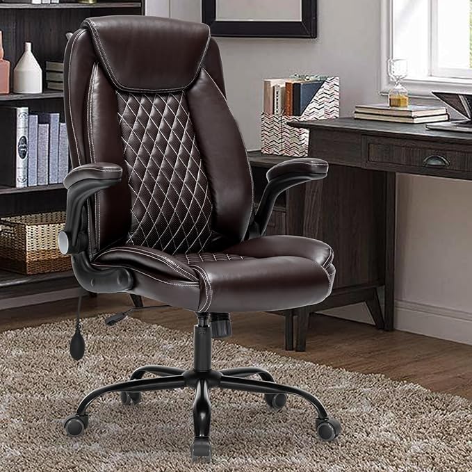 Office Chair Desk Chair High Back Computer Chair - Adjustable Lumbar Support with Flip-Up Arms PU Leather Chair with Spring Cushion - LeafyLoom