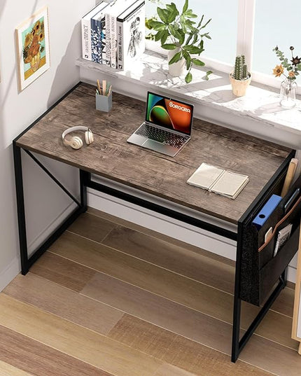 Folding Desk, Small Foldable Desk 39.4 Inch for Small Space, Computer Table Home Office Writing Desk with Storage Bag Headphone Hook, Easy Assembly, Brown - LeafyLoom