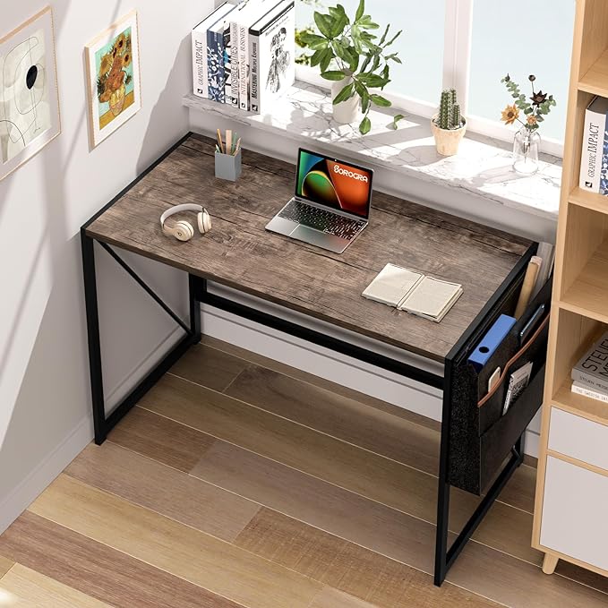 Folding Desk, Small Foldable Desk 39.4 Inch for Small Space, Computer Table Home Office Writing Desk with Storage Bag Headphone Hook, Easy Assembly, Brown - LeafyLoom
