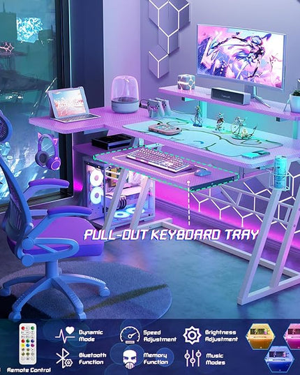 armocity Pink Gaming Desk with Shelves and Power Outlets, L Shaped Gaming Desk with LED Lights, Reversible L Shaped Computer Desk for Gaming, Gamer Desk with Monitor Stand, 47" - LeafyLoom