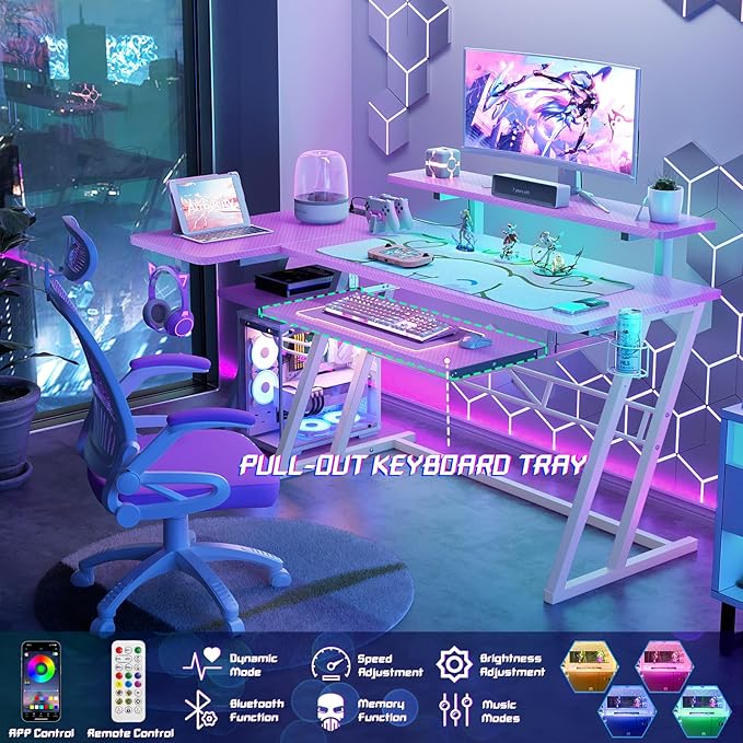 armocity Pink Gaming Desk with Shelves and Power Outlets, L Shaped Gaming Desk with LED Lights, Reversible L Shaped Computer Desk for Gaming, Gamer Desk with Monitor Stand, 47" - LeafyLoom