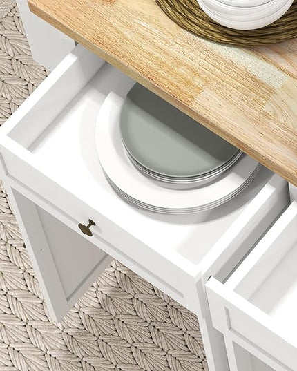 HOMCOM Kitchen Island on Wheels, Rolling Cart with Rubberwood Top, Spice Rack, Towel Rack and Drawers for Dining Room, Distressed White - LeafyLoom