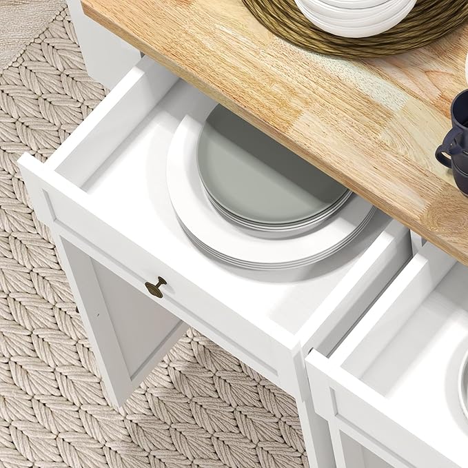 HOMCOM Kitchen Island on Wheels, Rolling Cart with Rubberwood Top, Spice Rack, Towel Rack and Drawers for Dining Room, Distressed White - LeafyLoom