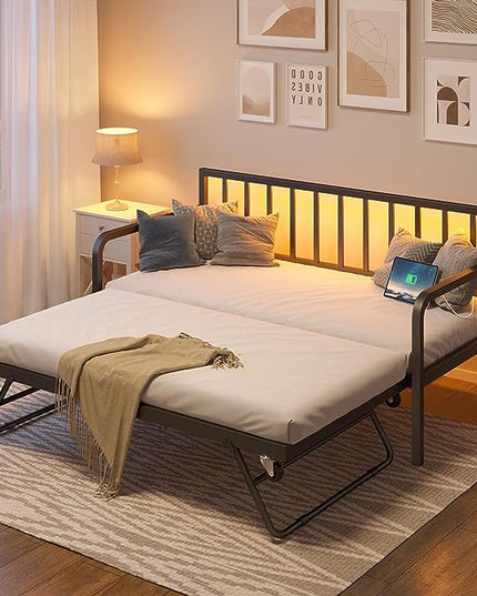 Rolanstar Daybed with Charging Station and LED Lights, Height Adjustable Twin Daybed with Trundle, Metal Sofa Bed Frame with Steel Slat Support for Living Room, Bedroom and Guest Room, Black - LeafyLoom