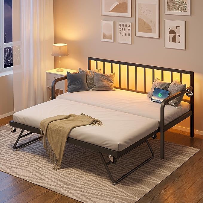 Rolanstar Daybed with Charging Station and LED Lights, Height Adjustable Twin Daybed with Trundle, Metal Sofa Bed Frame with Steel Slat Support for Living Room, Bedroom and Guest Room, Black - LeafyLoom