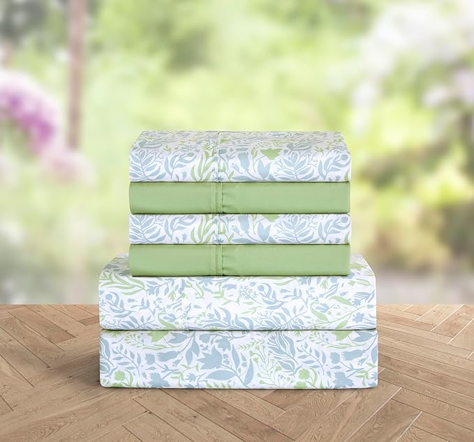 Elegant Comfort Softest and Coziest 6-Piece Sheet Set - 1500 Premium Hotel Quality Microfiber - Deep Pocket, Wrinkle Resistant 6-Piece Floral Bed Sheet Set, King, Anita Green - LeafyLoom