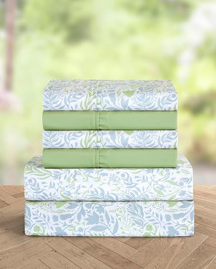 Elegant Comfort Softest and Coziest 6-Piece Sheet Set - 1500 Premium Hotel Quality Microfiber - Deep Pocket, Wrinkle Resistant 6-Piece Floral Bed Sheet Set, California King, Anita Green - LeafyLoom