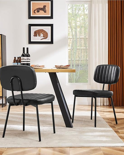 Sweetcrispy Dining Chairs Set of 2, Upholstered Mid Century Modern Kitchen Dining Room Accent Chairs with Faux Leather Cushion Seat & Metal Legs for Kitchen, Living Room - Black - LeafyLoom