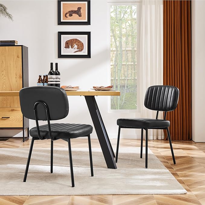 Sweetcrispy Dining Chairs Set of 2, Upholstered Mid Century Modern Kitchen Dining Room Accent Chairs with Faux Leather Cushion Seat & Metal Legs for Kitchen, Living Room - Black - LeafyLoom
