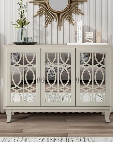 Multifunctional Sideboard with Glass, Vintage 3 Door Mirrored Buffet Cabinet,W/Silver Handle,Easy to Assemble,Console Table for Living Room Hallway Entryway,Champagne Gold, 47.2" - LeafyLoom