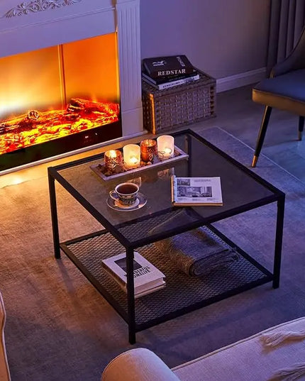 SAYGOER Coffee Table with Storage Modern Glass Coffee Tables Square Industrial Simple Center Table for Living Room Home Office Small Space 27.6 x 27.6 x 17.7 Inches Easy Assembly Gray Black - LeafyLoom