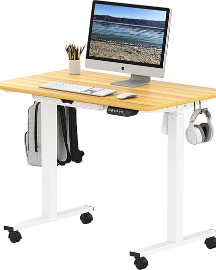 SHW Small Electric Height Adjustable Mobile Sit Stand Desk with Drawer, Hanging Hooks and Cable Management, 40 x 24 Inches, Oak - LeafyLoom