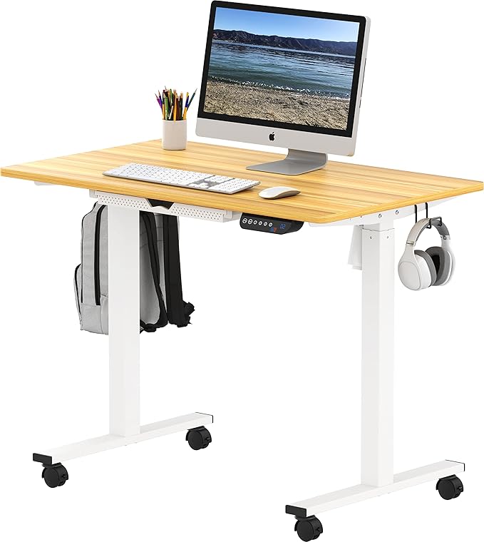 SHW Small Electric Height Adjustable Mobile Sit Stand Desk with Drawer, Hanging Hooks and Cable Management, 40 x 24 Inches, Oak - LeafyLoom
