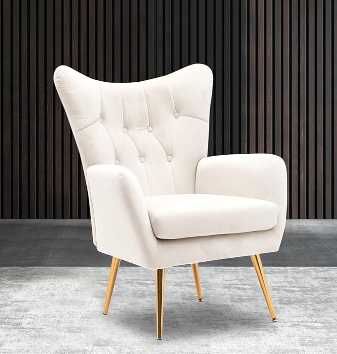 US Pride Furniture Modern Accent Chair with Ergonomic High Wingback, Microfiber Upholstered Armchair with Metal Legs for Living Room, Bedroom, Office or Vanity, Ivory - LeafyLoom