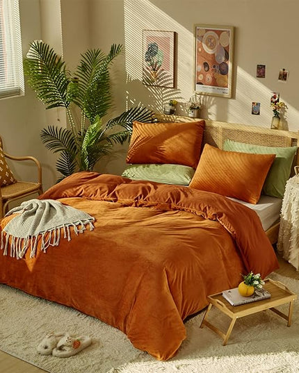 Wellboo Burnt Orange Velvet Comforter Sets California King Women Girls Rust Caramel Fluffy Bedding Comforters Cal King Solid Terracotta Flannel Modern Aesthetic Quilts Warm Plain Reddish Plush Blanket - LeafyLoom