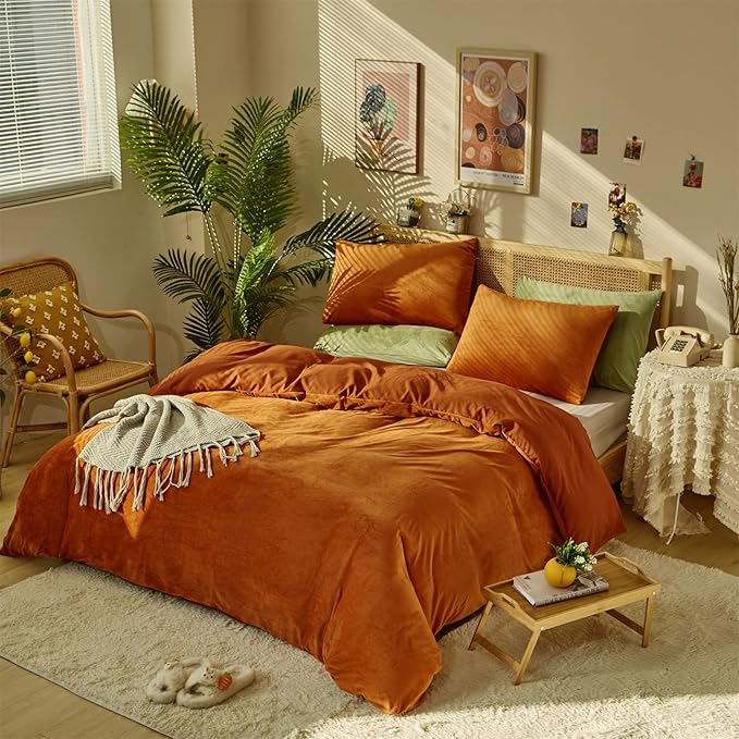 Wellboo Burnt Orange Velvet Comforter Sets California King Women Girls Rust Caramel Fluffy Bedding Comforters Cal King Solid Terracotta Flannel Modern Aesthetic Quilts Warm Plain Reddish Plush Blanket - LeafyLoom